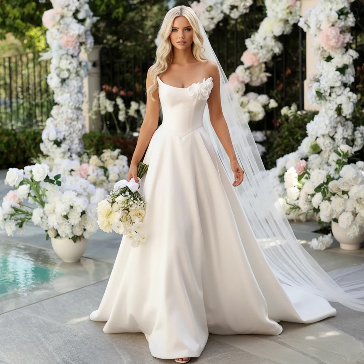 

Classic Satin Flower Ball Gown Wedding Dresses Long Strapless Pleated Bridal Party Gown For Women Vestidos de novia