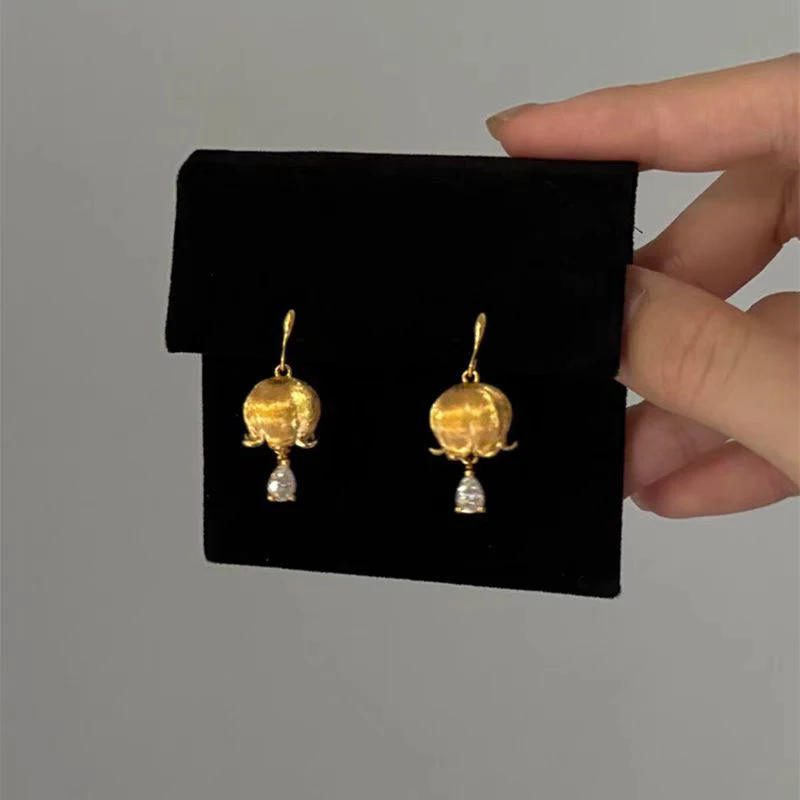 PANJBJ 925 Sterling Silver Golden Flower Earrings For Women Water Drop Frosting Zircon Design Vintage Jewelry Birthday Gift