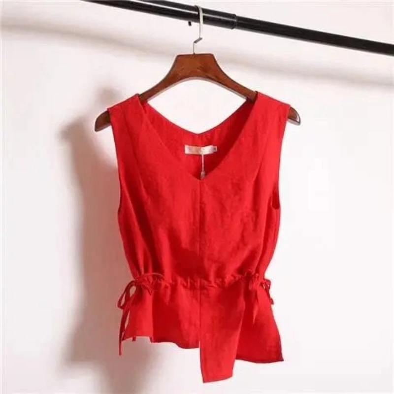 Sleeveless Drawstring Irregular Casual Blouse Summer New Solid Loose Simplicity Vintage Shirt Tops Fashion Office Women Clothing