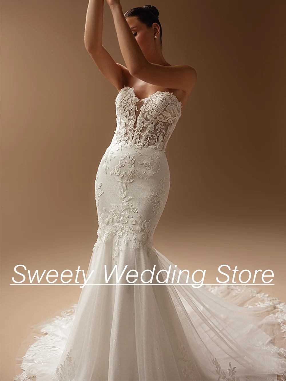 رائع حورية البحر فستان الزفاف الحبيب بلا أكمام الوهم زين بريق تول قطار المحكمة حفلات الزفاف ثوب الزفاف #3