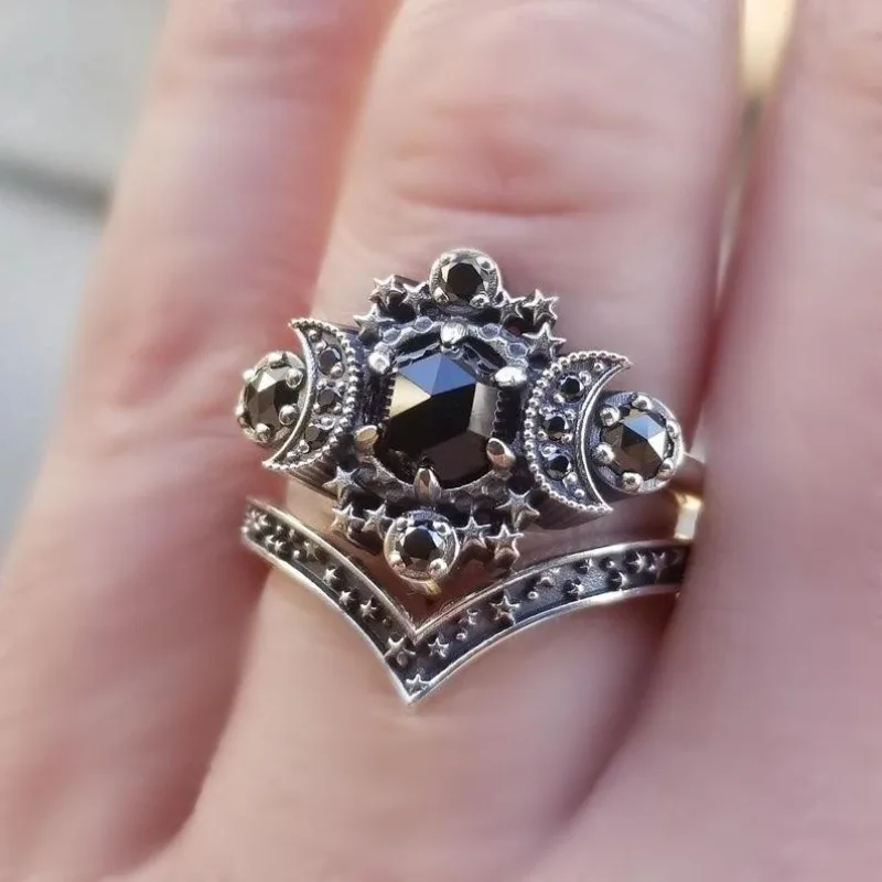 Gothic Cosmic Moon Goddess Engagement Ring Vintage Pentagram Black Party Vacation Jewelry Simple Style Natural Elements Rings