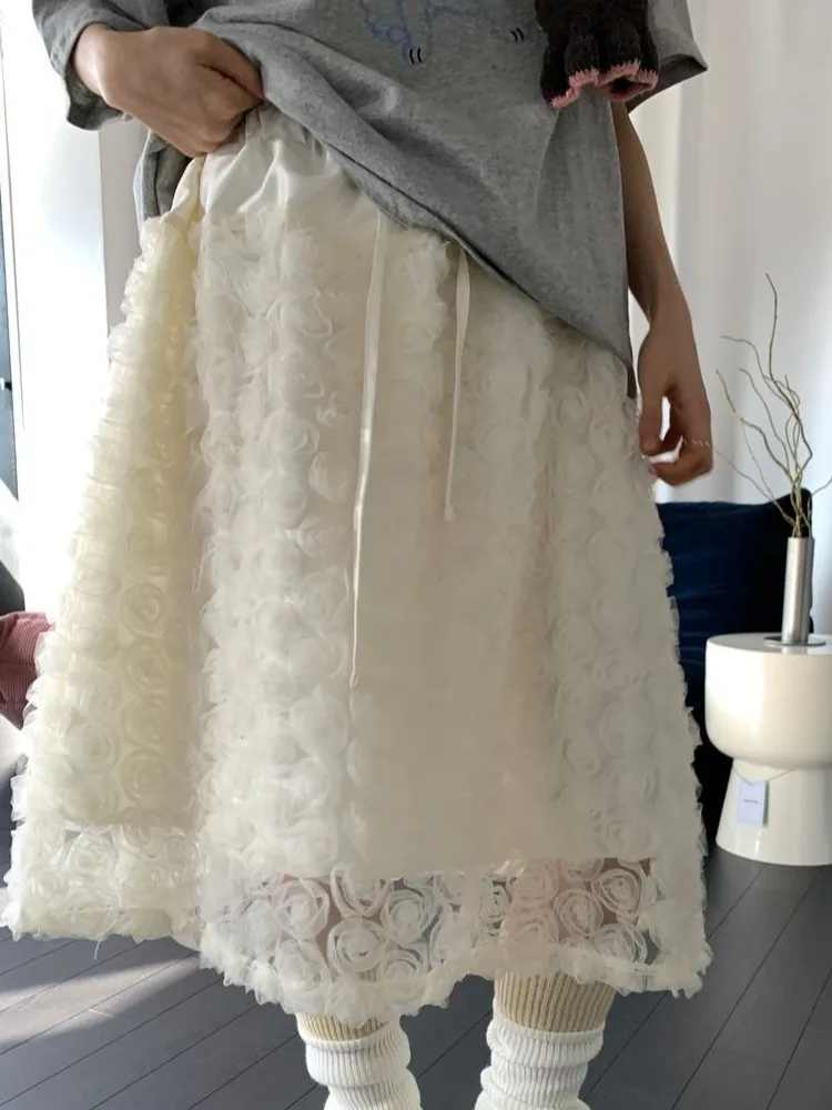 

Korean Sle Rose 3D Flower Lace f Skirt Women's Early Spring New Faion Youthful Cute Midi Skirt Ci Commute
