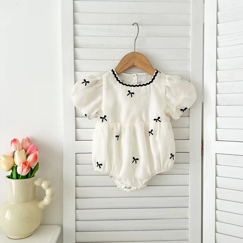 Buttful Knot Bubble Sleeve Rompers Sweet Cute Simple All-match Fashionable Summer Mesh Princess Rompers