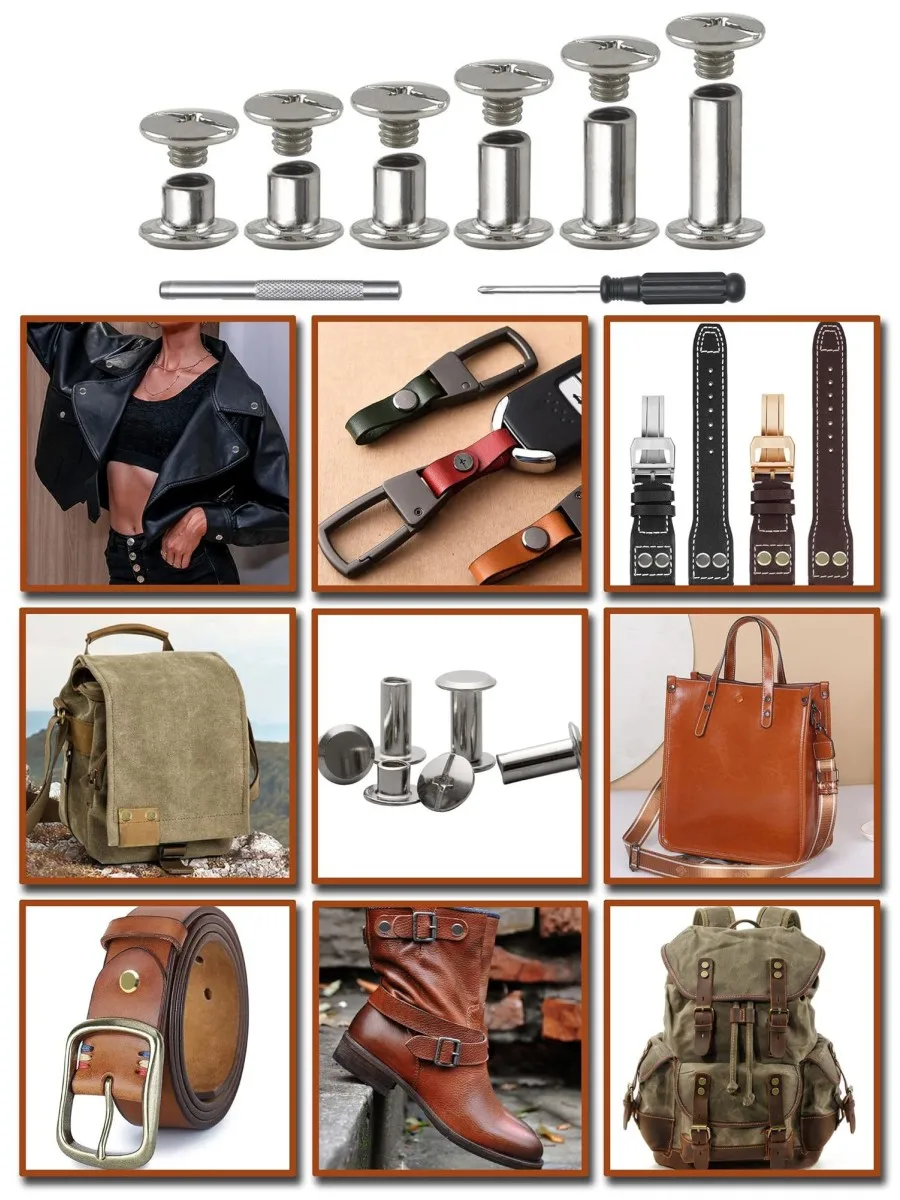 Kit de vis femelle, 6 tailles de attaches rondes en cuir à tête plate, rivets, goujons à vis en métal pour bricolage, artisanat du cuir et reliure