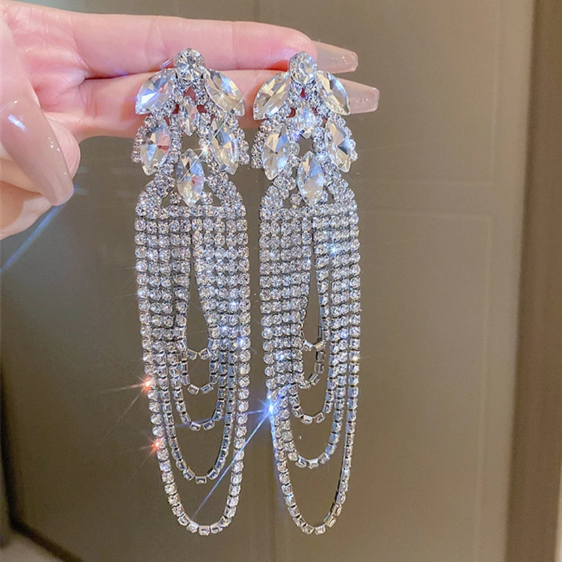 Trendy Luxury Geometric Rhinestone Crystal Drop Earrings Oversize Long Tassel Earrings for Women Statement Wedding Jewelry Gifts