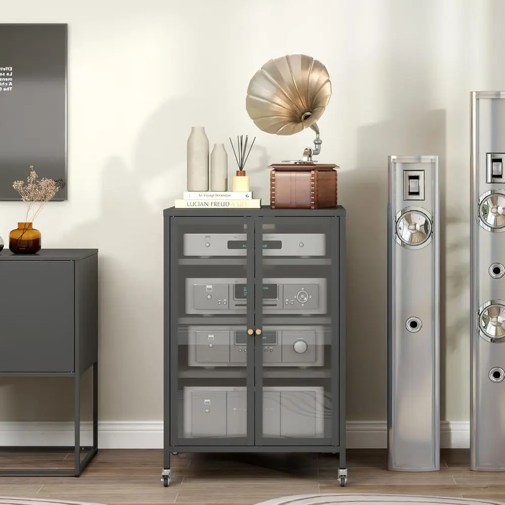 

Stereo Cabinet, Metal Media Storage Cabinet with Glass Do, Audio-Video Media Stand with 4 Adjustable Shelves, AV Stand or Meetin