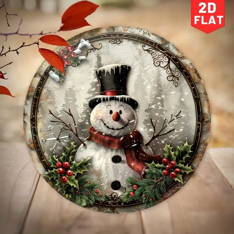 2D Flat, 2D Flat Snowman Round Aluminium Vintage Tin Sign, Christmas Indoor Outdoor Decorative Sign, Home, Cafe, Apartment, Rest