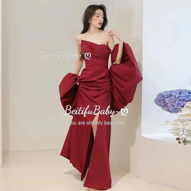 ที่กําหนดเองสไตล์จีนที่ไม่มีสายหนังชุดราตรีสตรี 2024 พร้อมผ้าคลุมไหล่ Elegant Ruched Fishtail กระโปรงพรหมชุด ...