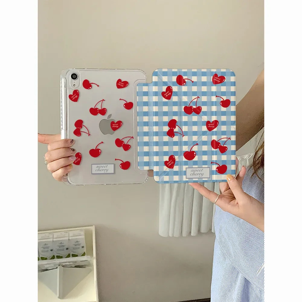 Red Cherry Blue and White Checkered Pattern Y-Fold Flip Cover For iPad Air 11 Pro 11 10.9in 13in M4 M5 Case iPad 10th A16 Cover