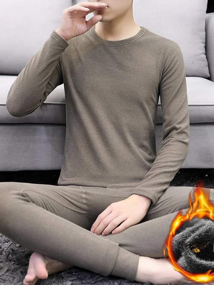

Men's Winter Thiened Velvet Underwear Set Base Layer irt Thermal Clothes Double-sided Floing Pure Color T-irt Pants