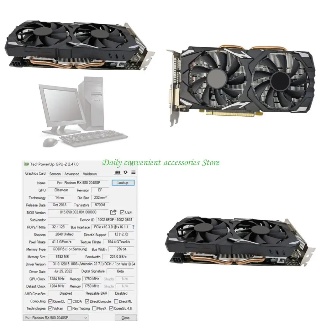 

97QB Video Card RX 580 8GB 256 Bit DDR5 DP DVI Desktop Computer Game Card VGA Card