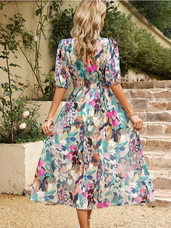 Letnia sukienka z głębokim dekoltem w serek, wyszczuplająca, z kwiatowym nadrukiem, szyfonowa, długa, damska, z wysokim stanem.