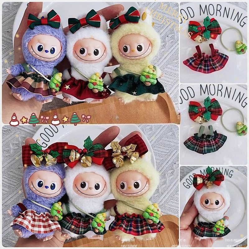 

For 10cm Labubu Doll Christmas Suspender Plaid Skirt Bow Pendant Labubu Plush Dolls 4.0 Design Diy Exquisite Clothes Accessories
