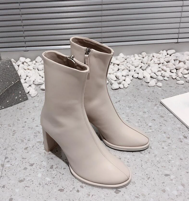 Autumn Winter High Heel Women Boots Beige Black Brown Leather Brand Name Consice Nude Bootie Side Zip Platform Dress Shoes