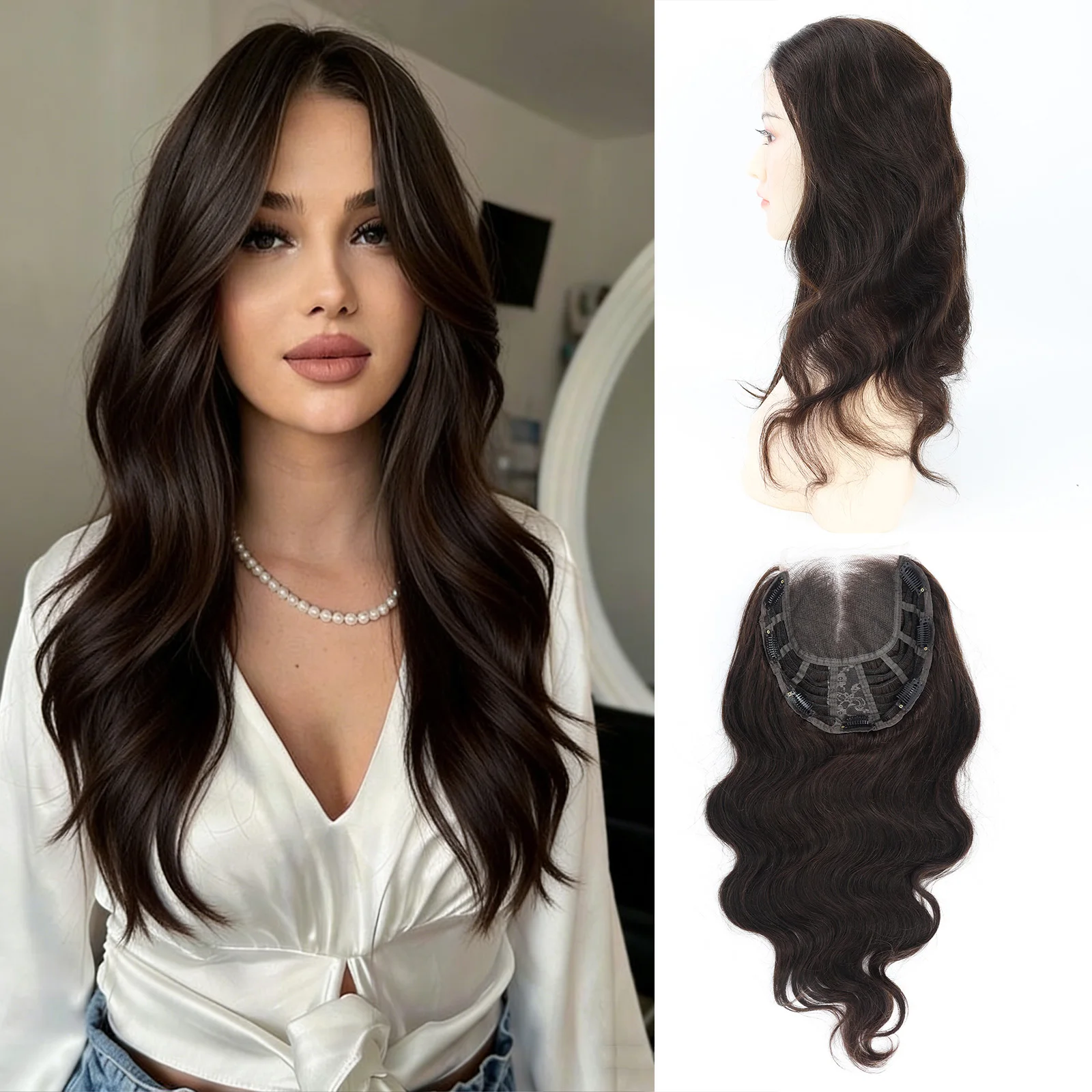 

Топпер из натуральных волос с кружевной застежкой для женщин, настоящие волосы Remy, объемная волна, мягкий дышащий парик с зажимами, увеличивает объем волос