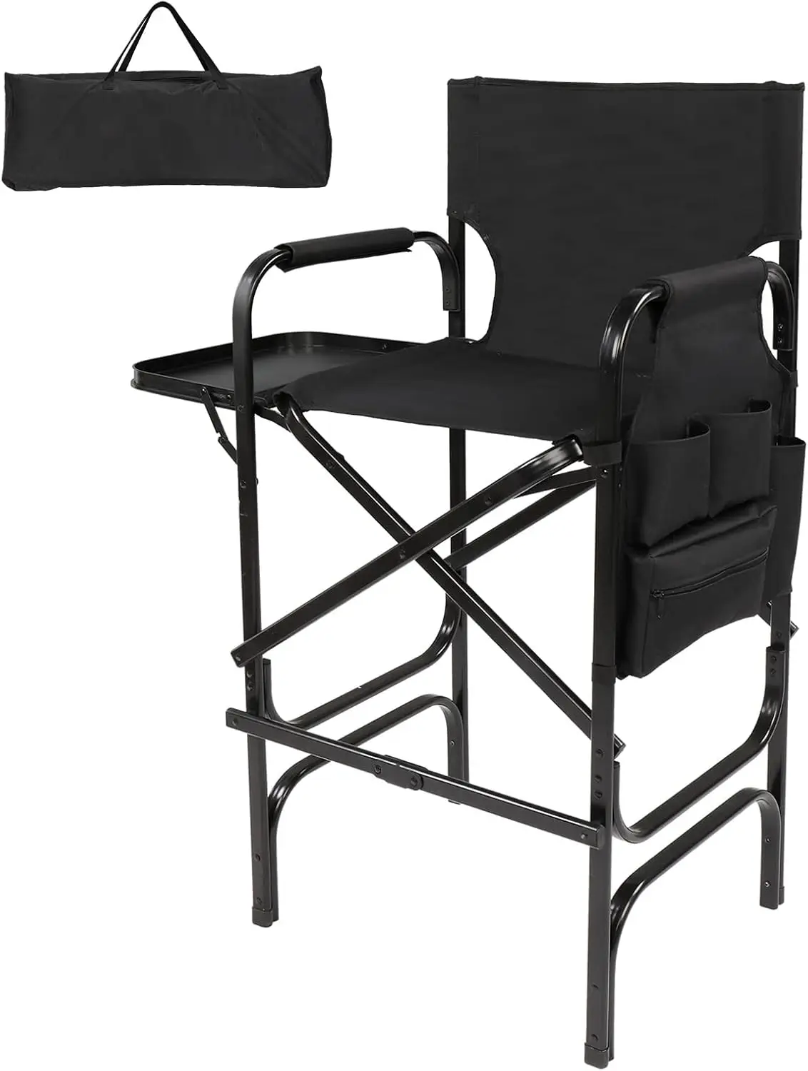 

30" Tall Directors Chair Black Folding with Side Table Storage Bag, Aluminum Frame 300 lbs Capacity,19.2" D x 23.6" W x 45.6" H
