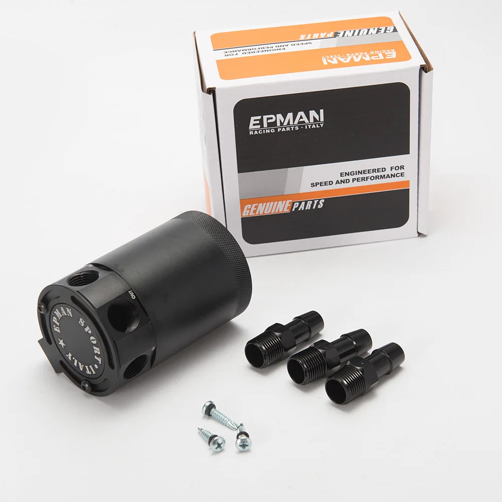 EPMAN New Black Racing Baffled Aluminium 3-Port Oil Catch Can/Tank/Air-Oil Separator Universal EP-JYH04BA