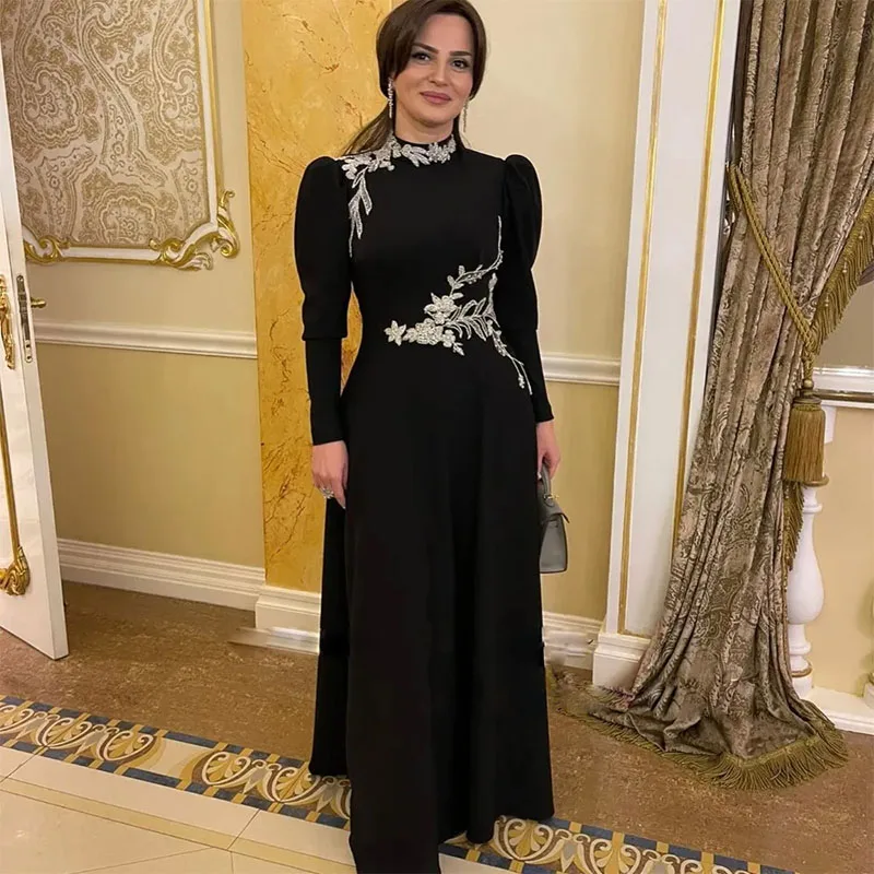 

Elegant Black Formal Dresses 2024 High Neck Long Sleeve Applique Muslim Evening Gown Floor Length Arabic Dubai Womens Prom Gowns