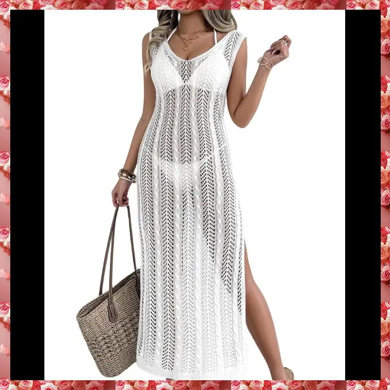 Abito da spiaggia con spacco laterale e bretelle alla moda con scollo a V e taglio per le vacanze