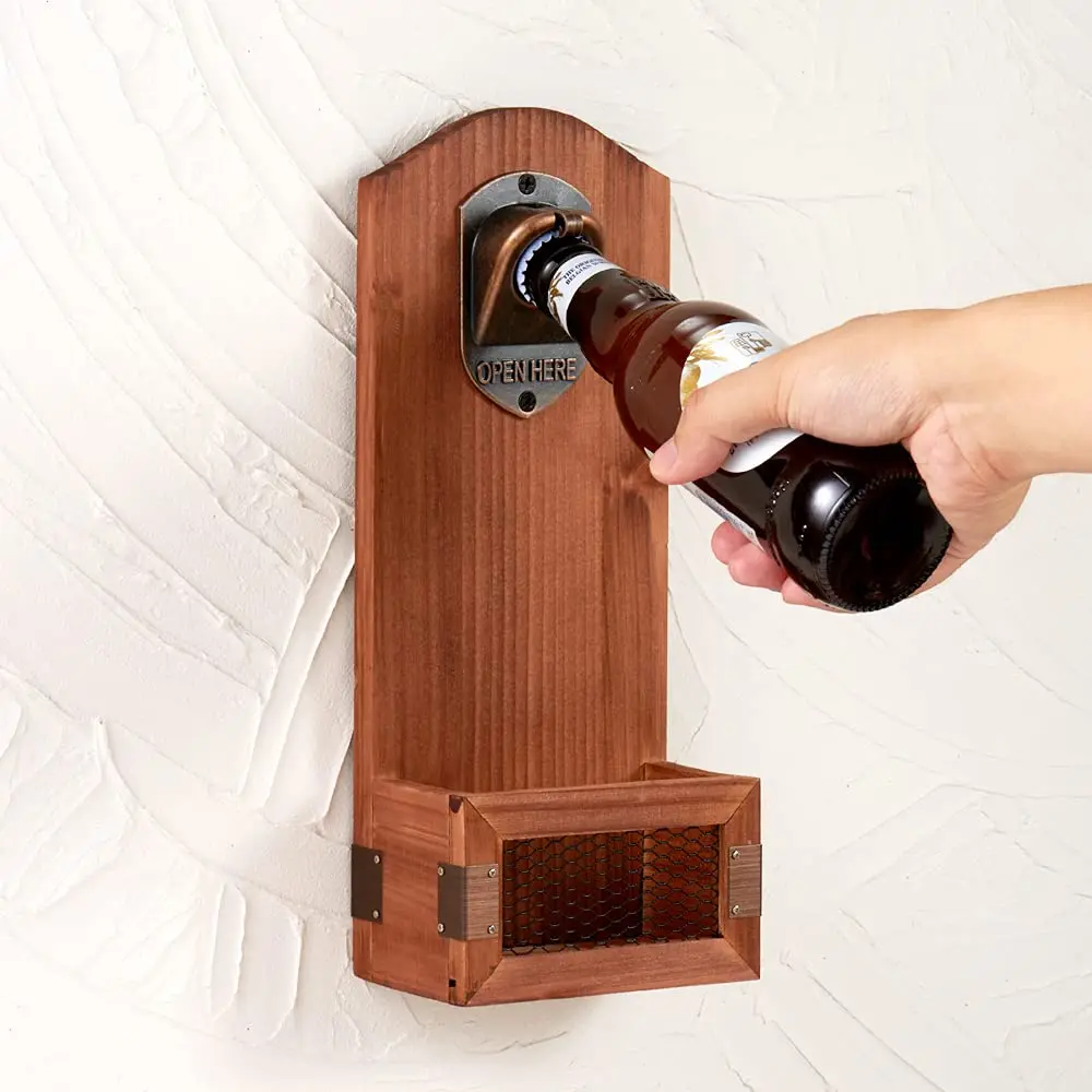 Wooden Bottle Opener Wall Mounted With Lid Gift Collector For Beer Lovers And Men Bar Home Decoration