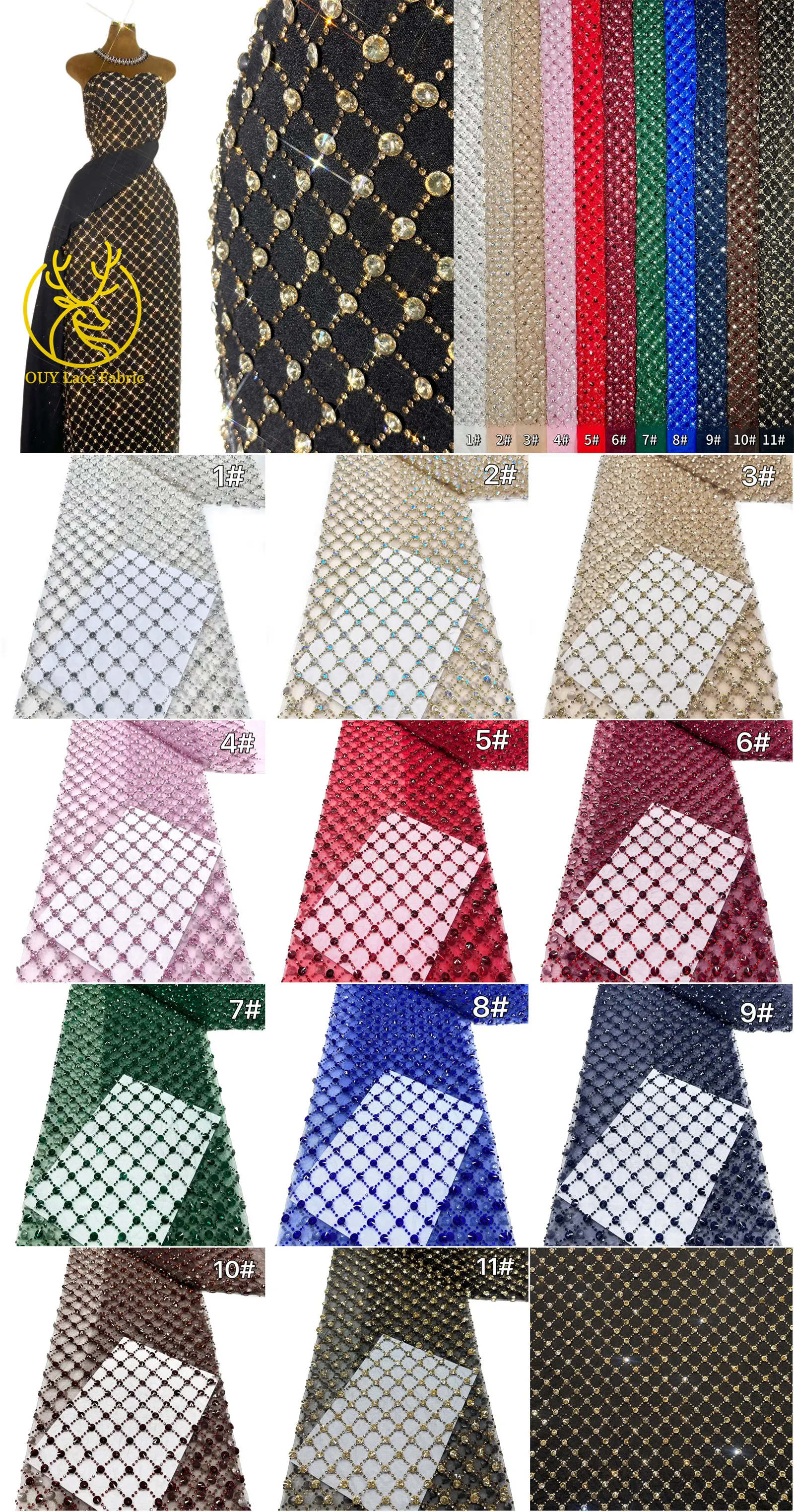 Hochwertiger, maßgefertigter, luxuriöser, handgefertigter Diamant-Mesh-Spitzenstoff 2026 – Afrikanischer Spitzenstoff, nigerianischer Stein-Tüll-Spitzenstoff für Partykleider zum Nähen – Detail 3