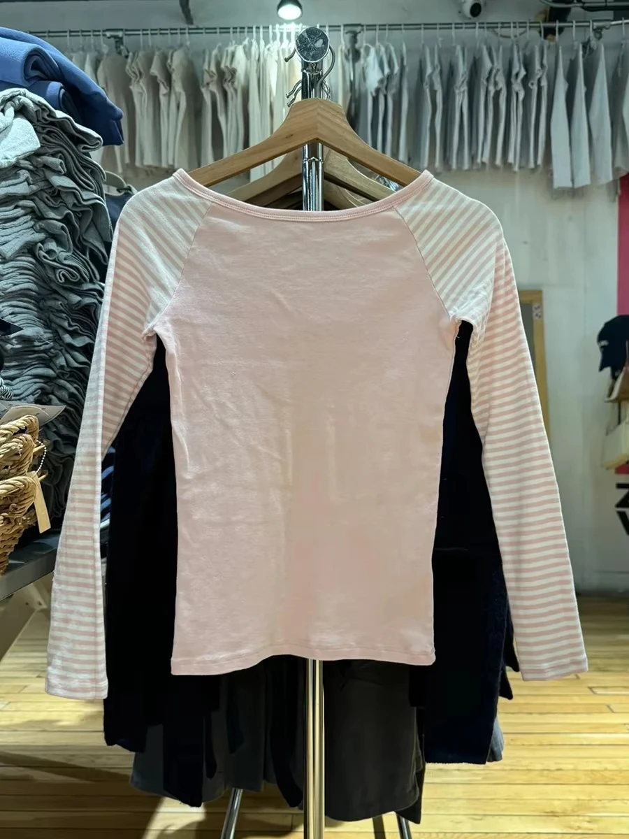 الوردي المرقعة كم طويل تي شيرت المرأة مائل الرقبة القطن سليم تي شيرت الإناث الحلو الشارع الشهير Vintage التي شيرت Y2K بلايز جديد