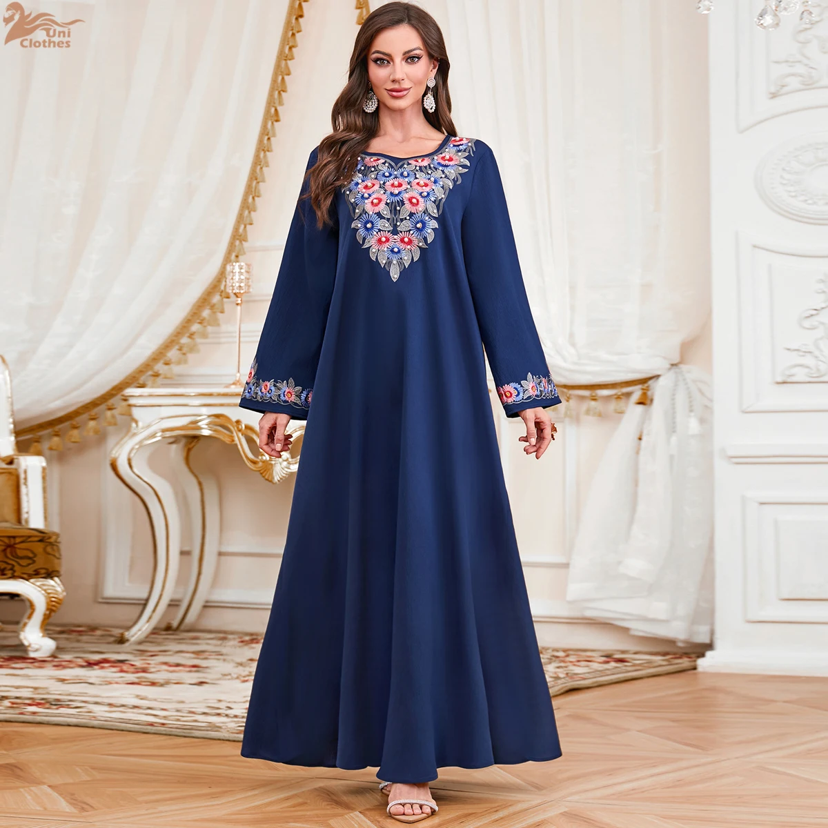 

Zahraa Ramadan Muslim Women's Floral Beading Loose Abaya Dresses for Women Dubai Elegant Casual Kaftan Muslim Dress Women Gowns