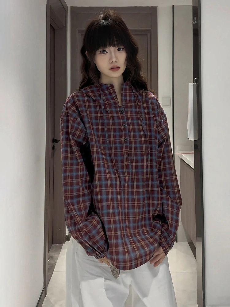 

Retro American Plaid Long Sleeve Hoodie Men's Shirt Vintage Workwear Couple's Outerwear Casual Style Breathable Comfortable