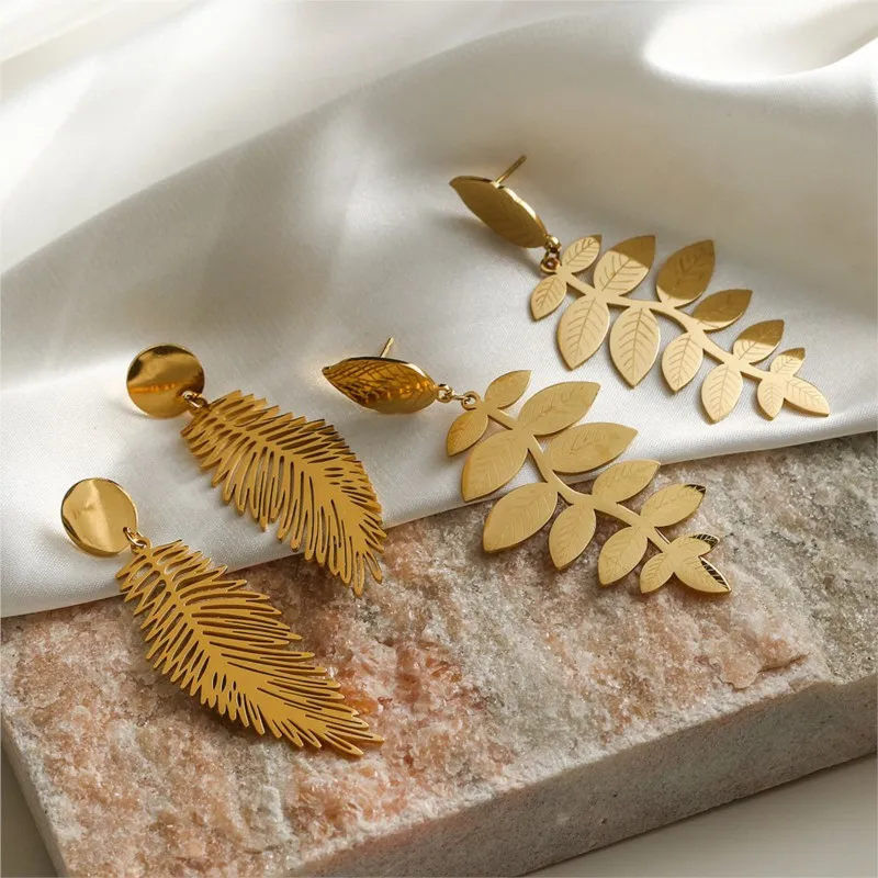 ANENJERY 316L Stainless Steel Iregular Feather Leaves Drop Earrings for Women Retro Temperament Hoop Earring Jewelry Gift