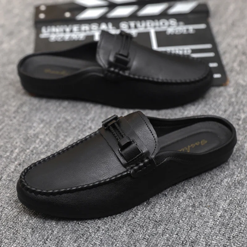 Summer Leather Men Half Slippers Breathable Mens Casual Shoes Slip-on Lazy Driving Shoes Comfortable Walking Loafers Moccasins