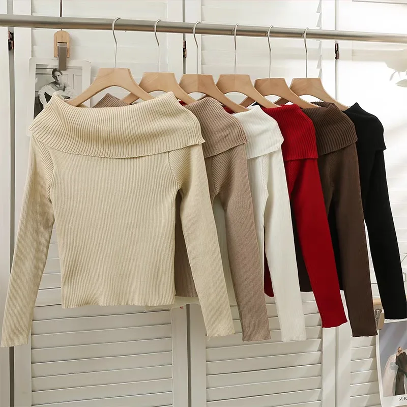 Spring Autumn Off-Shoulder Short Sweater Women Long Sleeve Bodycon Knit Top Black White Beige Khaki Coffee Red Pullover Sweater