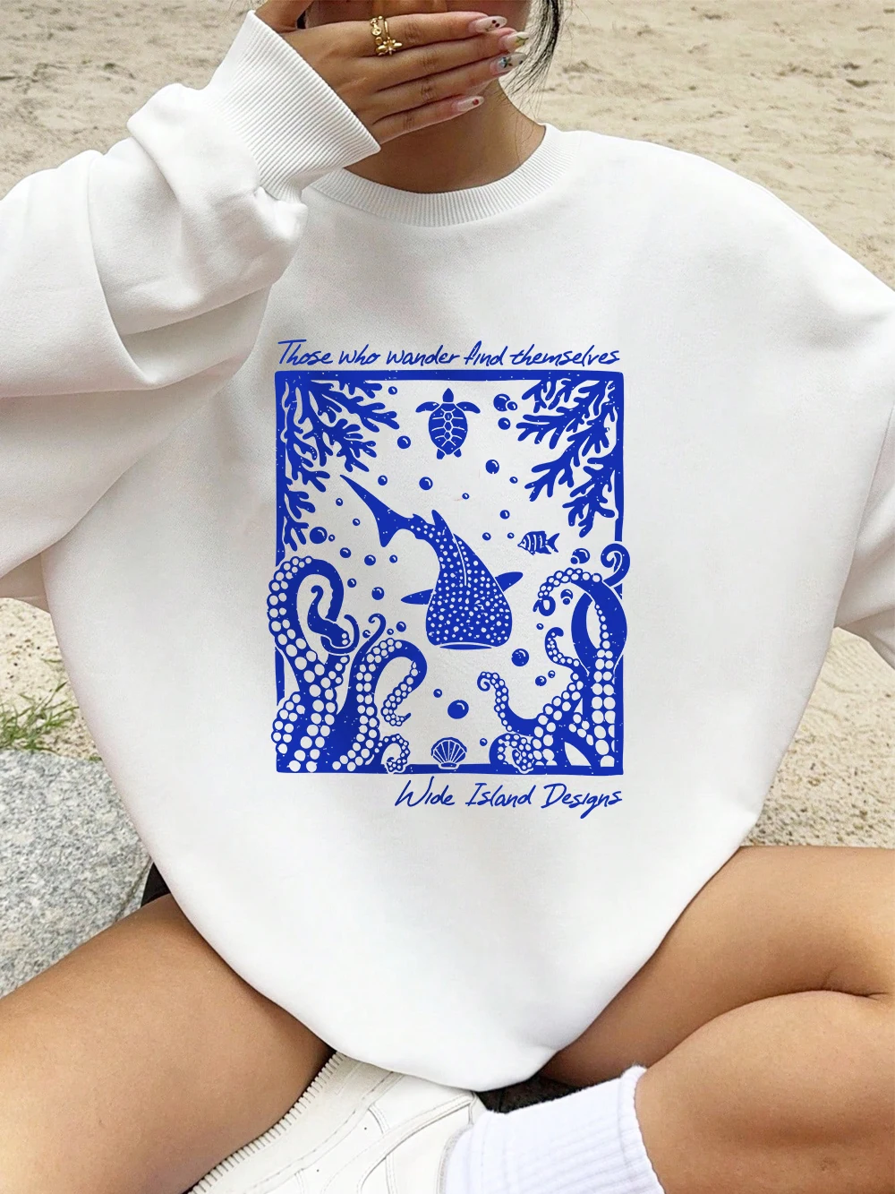 Mar mundo desenhos animados impressão moletom feminino crewneck básico hoodie solto velo quente pulôver inverno confortável roupas femininas