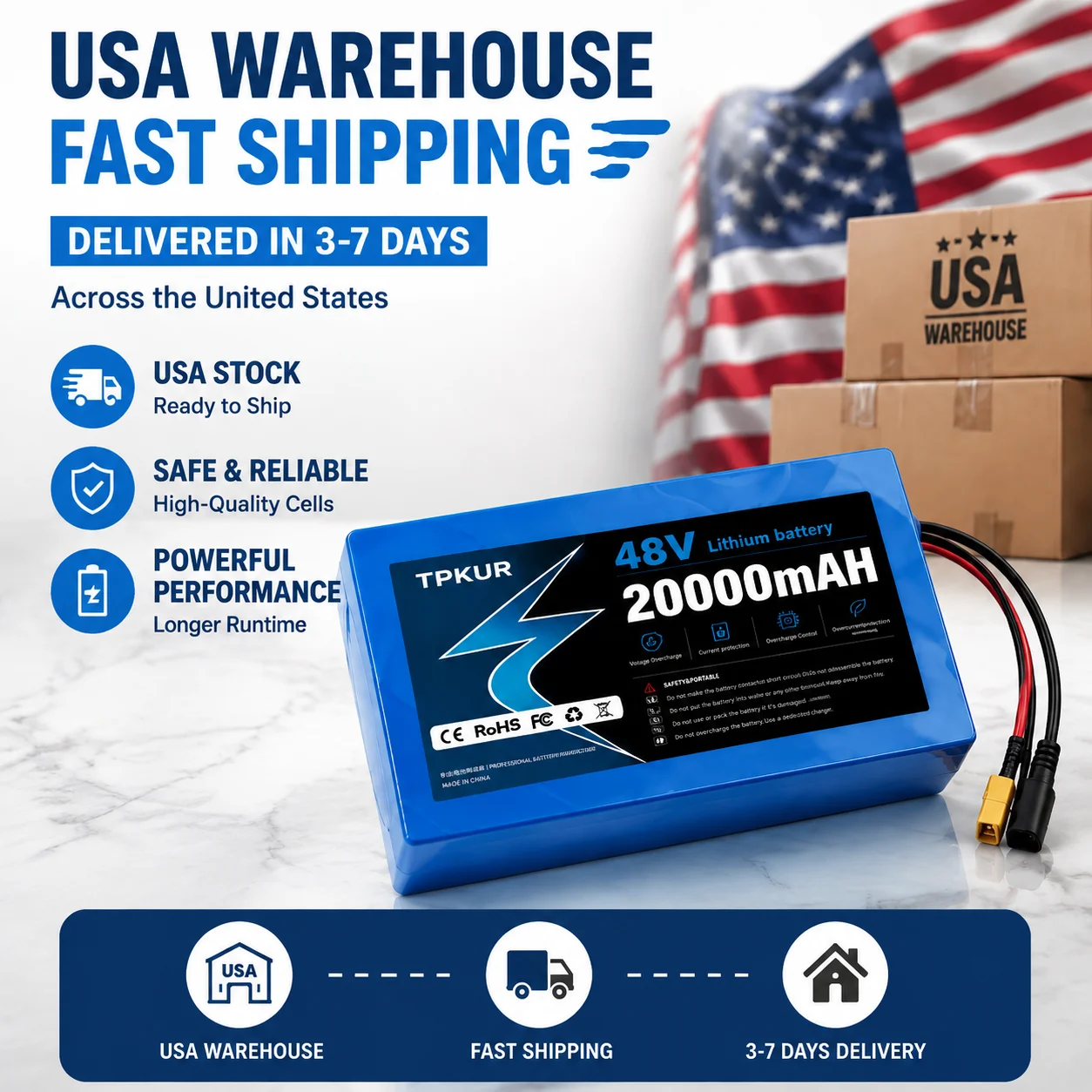 High Performance 48V 18650 Lithium Battery, 20Ah, 13S 5P, Suitable for 100-1200W Motors with Built-in Intelligent BMS and Charge