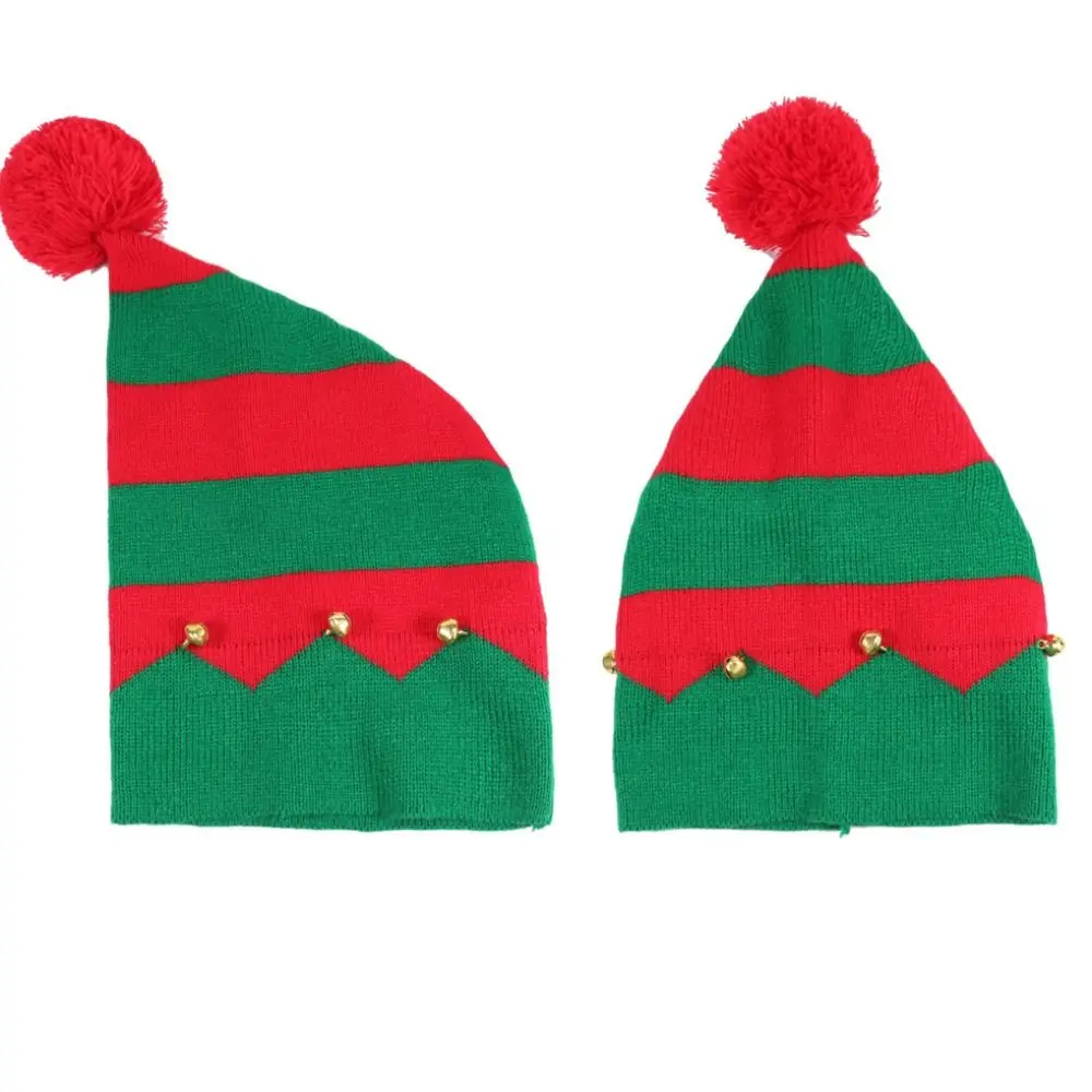 

With Pompom Christmas Knitted Beanies Hats Warm Knit Red Green Color Christmas Stripe Hat with Bells Crochet Cap Adult Teens