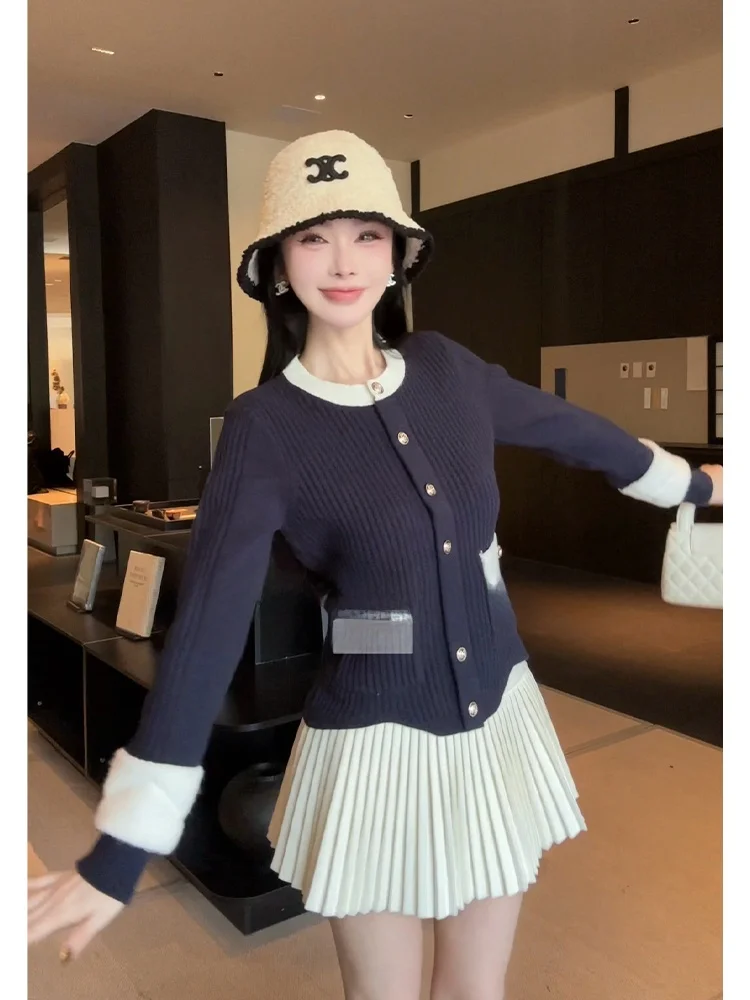 

Женский кардиган LADIES FIRST: Элегантный вязаный кардиган с круглым вырезом, цветными блоками, эффектом похудения, повседневный свободный крой, полиэстер