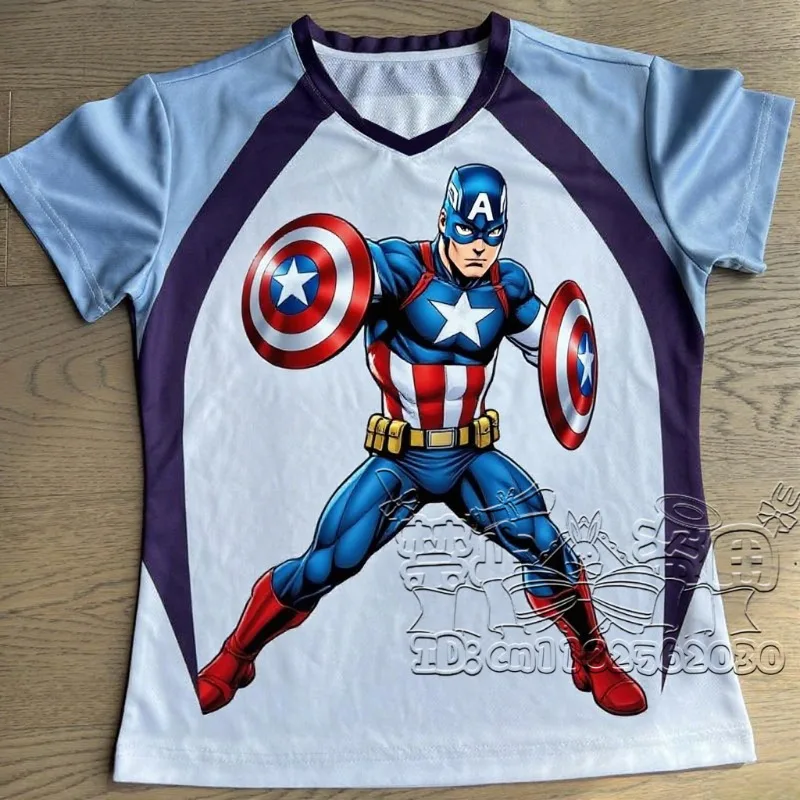 

2025 MINISO New Superhero Captain Jersey Men's and Women's 3D Printed V-neck Parent-child T-shirt Large Size Short Sleeved Shirt