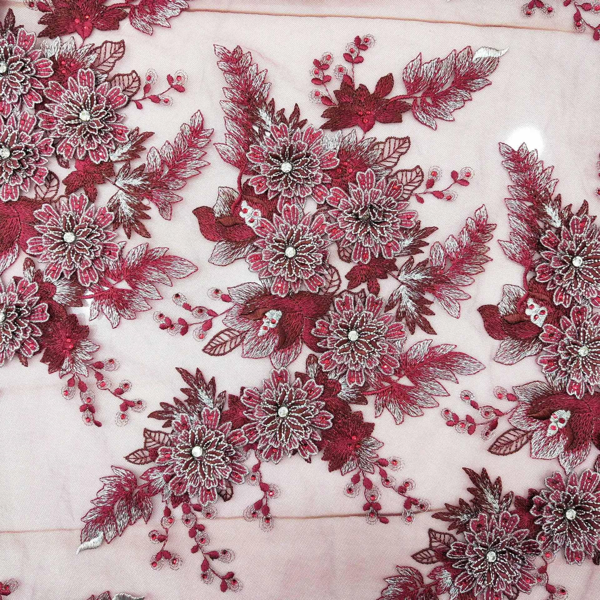 Embroidery Appliqued Trims for Dresses Costumes Bridal Material 3D Floral Patches Beaded Sequin Tube Fabric Tulle Lace