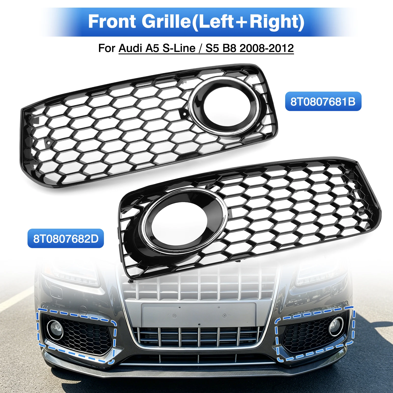 2 Stück für Audi A5 S-Line S5 B8 Wabengitter 2008-2012 Auto Frontstoßstange Nebelscheinwerfer Abdeckung Mesh Wabenmuster Hex