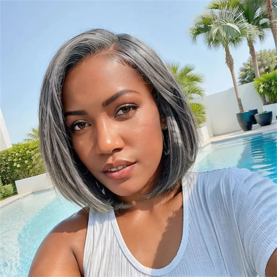 

Wigirl Salt & Pepper Grey Hair Side Part Straight Bob Lace Frontal Wig 5x5 Closure Lace Wig 100% Human Hair