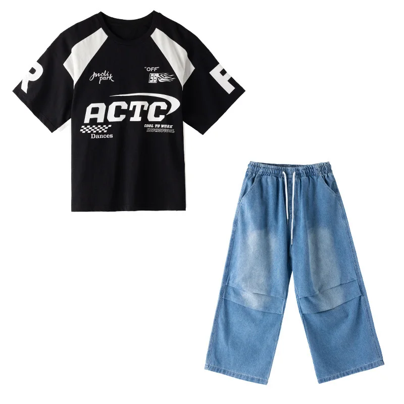 Girl Hip Hop Clothing White Tops Black T-shirt Blue Jeans Pants for Jazz Dance Kid Costume Clothes