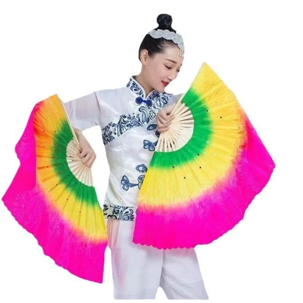 

36cm Bamboo Chinese Short Bellydance Fan Colorful 45cm Half Circle Silk Children Bamboo Fans 10 Styles Hand Dye Adults Fan