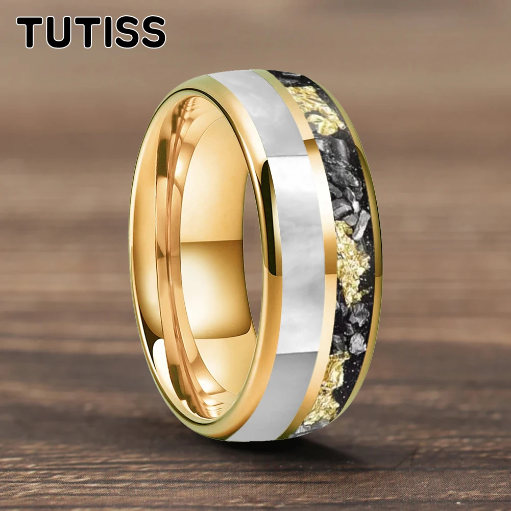 

TUTISS 6/8 мм вольфрамовый кольцевой купол с двойной канавкой, инкрустированный метеоритной золотой фольгой и перламутровой оболочкой для удобной посадки