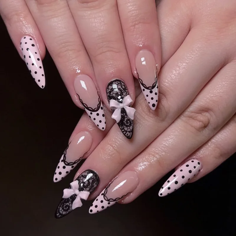 24 piezas uñas postizas dulces desmontables con moños, corazones y perlas, almendra rosa coreana 4