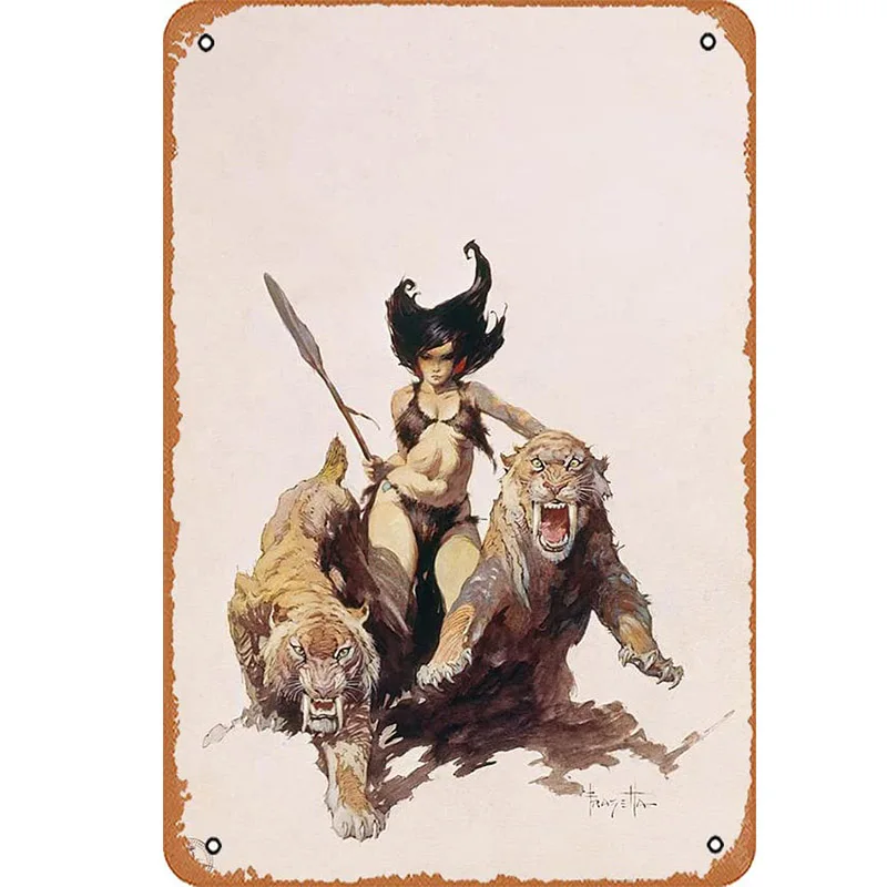 The Huntress By Frank Frazetta – Poster Retro Metal Sign Vintage Tin Sign for Bar Man Cave Cafe Office Home Wall Decor Gift