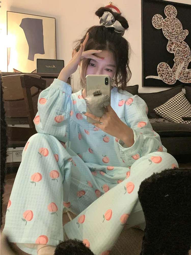 Conjunto de pijama de manga larga con estampado de melocotón para mujer, ropa de dormir suave y cálida, estilo femenino, Otoño e Invierno