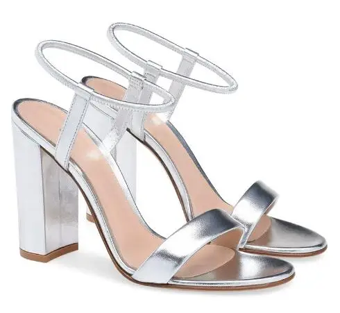 Hot Women Sliver Gold  Matte Leather Round Open Toe One Line Ankle Elastic Band Slip On Block Heel Sandals High Heel Party Shoes