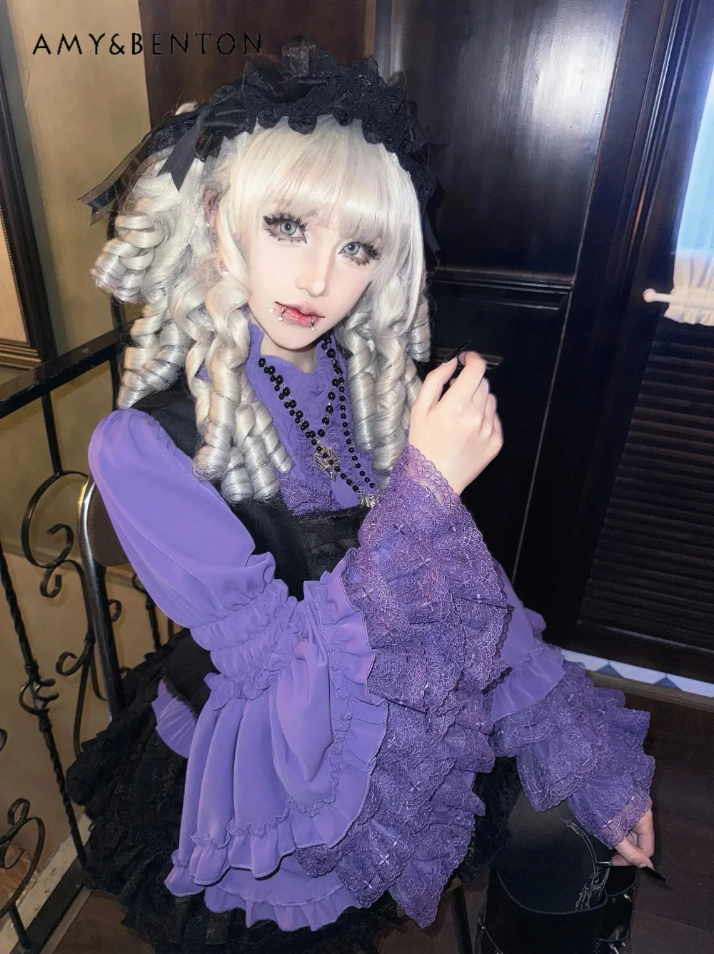 Original Lolita Chiffon Shirt Lace Splicing Flared Sleeve Gothic Blouse Gorgeous Heavy Industry Long Sleeve Shirts Versatile