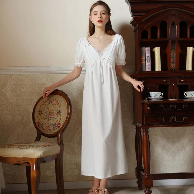 Women Sexy V-Neck Short Sleeves White Nightdress Loose Design Mid-Calf Long Style Cotton Nightgowns Summer Casual Home Dresses