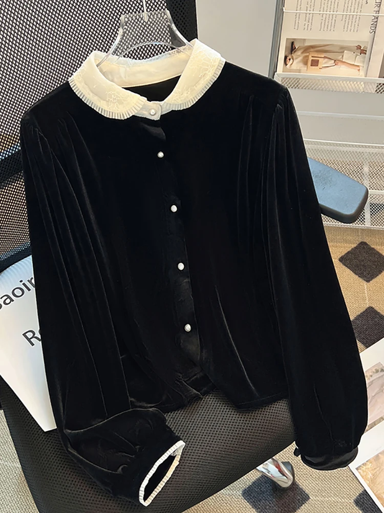 

Весенне-осенний женский топ с кружевным сетчатым воротником, пэчворком и длинными рукавами, дизайнерская модель, бархатный топ с цветными вставками