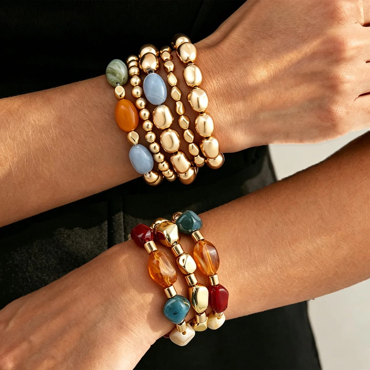 3Pcs/Set Boho Colorful Irregular Beaded Resin Bracelets Set for Women Fashion Stacked Smudging Acrylic Bangles Jewelry Gift